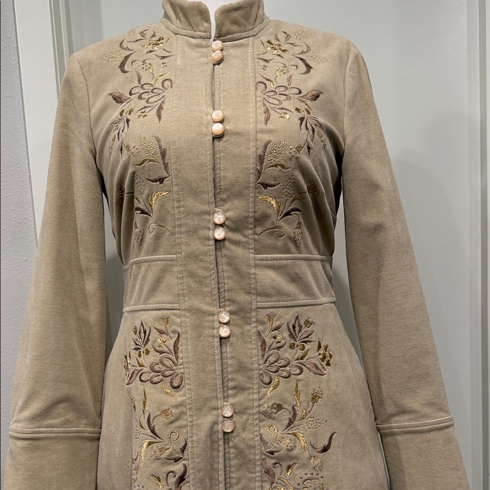 Anthropologie Elevenses Embroidered Coat 8 Tan Velvet Corduroy Vintage Romantic - Picture 11 of 17